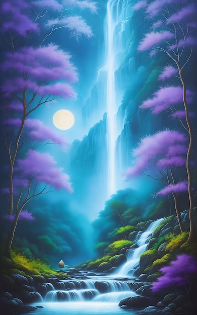 Magic night forest Waterfall and moon