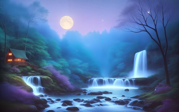 Magic night forest Waterfall and moon