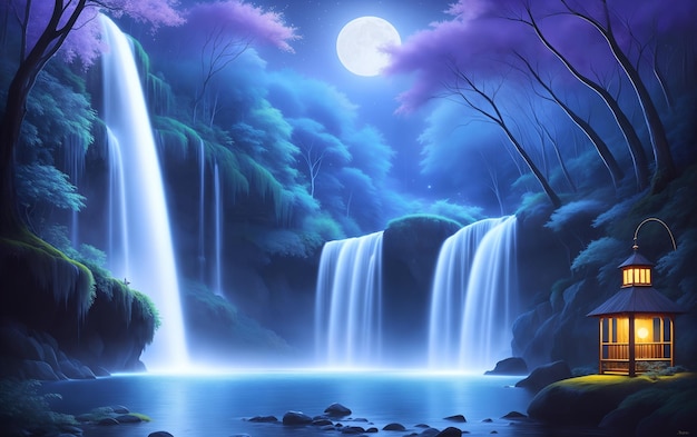 Волшебный ночной лес Водопад и луна