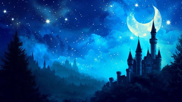 Волшебное ночное небо с сказочными башнями замка AI Generative