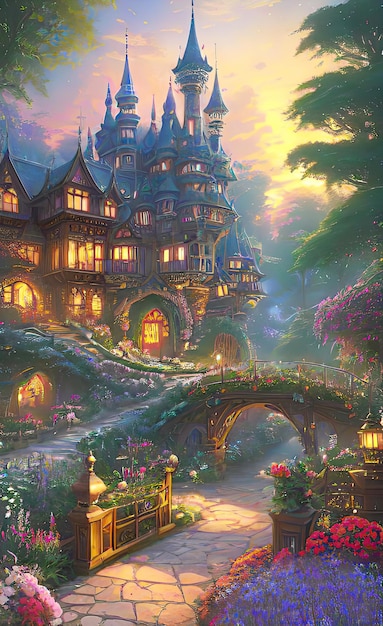 魔法の宮殿 母の家 朝の水彩画