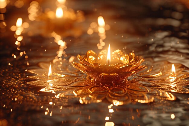 Foto fiore di loto rosa magico con candele e scintille buddha purnima vesak yoga e meditazione