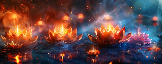 Foto fiore di loto rosa magico con candele e scintille buddha purnima vesak yoga e meditazione
