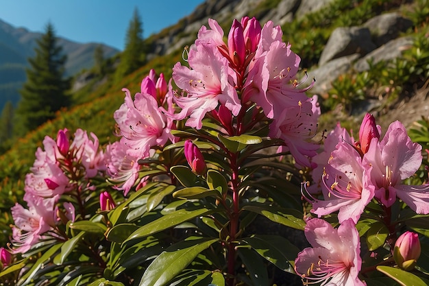 Foto fiori magici di rododendro rosa sulla montagna estiva