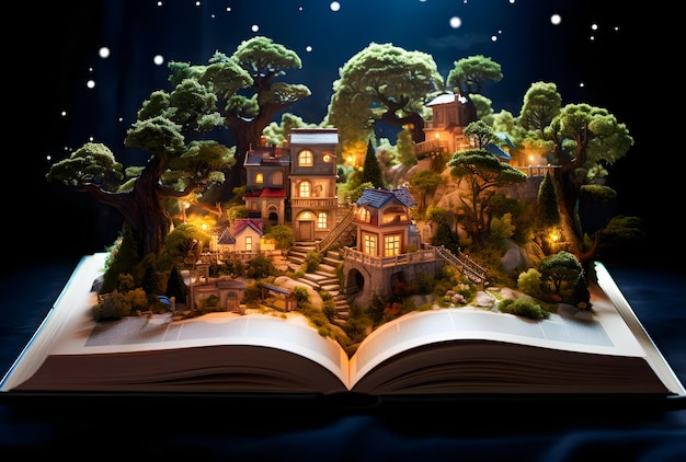 Magic pop up book with fantasy fairy house and tree Halloween concept Book world day 3D rendering