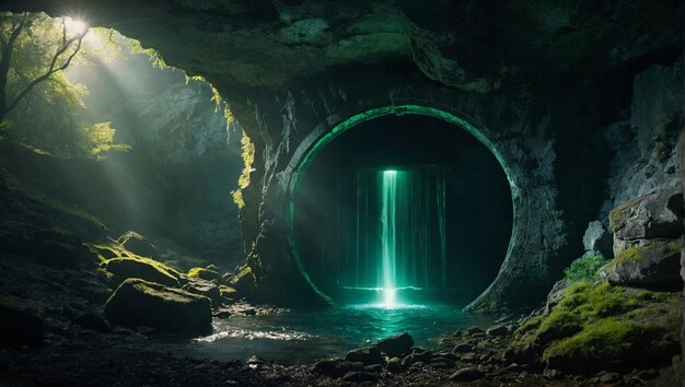 Photo a magic portal to another world the portal is in an abandoned cave with a river entering the cave