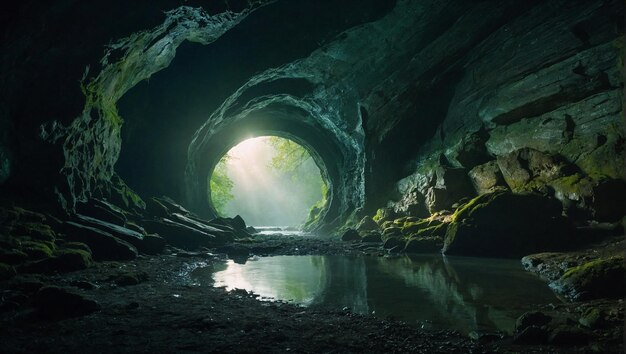 Photo a magic portal to another world the portal is in an abandoned cave with a river entering the cave