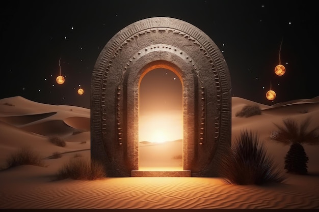 砂漠の魔法のポータル ファンタジー次元へのポータル 砂漠のライト付き魔法のアーチ AI