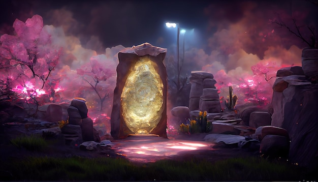 Magic portal fantasy gate to an alien world with a bright fiery\
light in the center 3d illustration