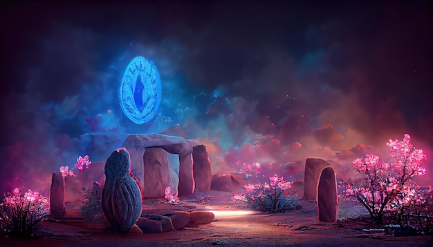 Magic portal in a rock or alien planet with flying stones around on gray pink smoky background 3d illustration