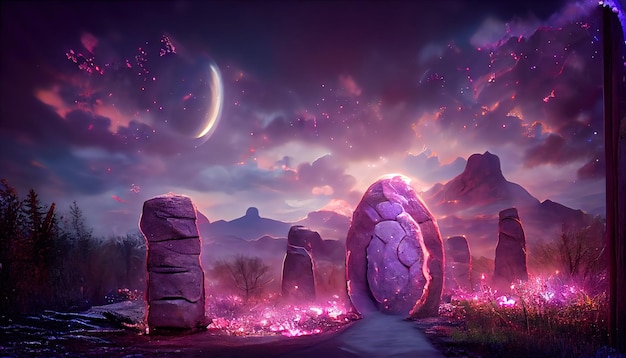 Magic portal on stone wall with mystical purple glow at night\
and starry sky 3d illustration