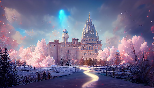 Волшебный портал со сказочным замком в голубом сиянии и тяжелыми серыми облаками 3d иллюстрация