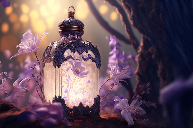 Magic potion in a beautiful decorated vial in magic forest