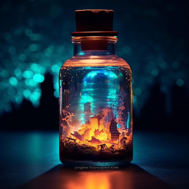 Magic potion in bottle on dark background Halloween concept Selective focus