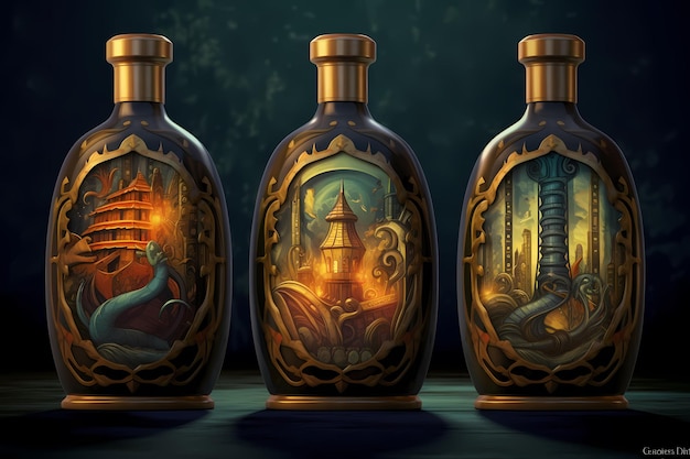 Бутылки волшебного зелья с волшебным эликсиром и драконом