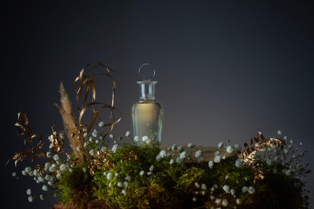 Magic potion in glass bottle with plants and flowers on blue background