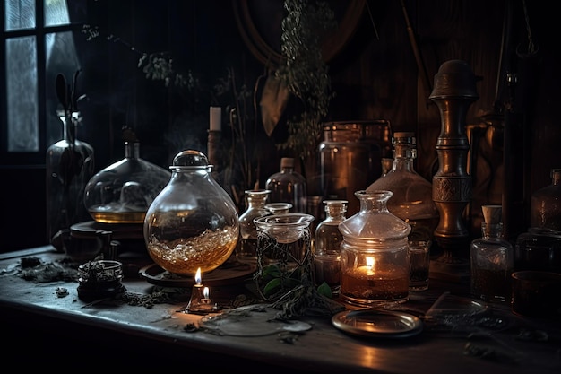 Magic potion in old laboratory Halloween concept Witchcraft background Generative AI