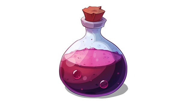 Foto una pozione magica in una bottiglia di vetro rotonda la pozione è viola e frizzante la bottiglia è sigillata con un tappo di legno
