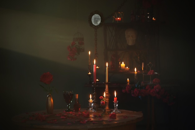 Magic potion with red roses and burning candles in dark room