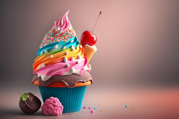 Magic rainbow cupcake with cream decorated with sprinkles and berries Generative AI illustration