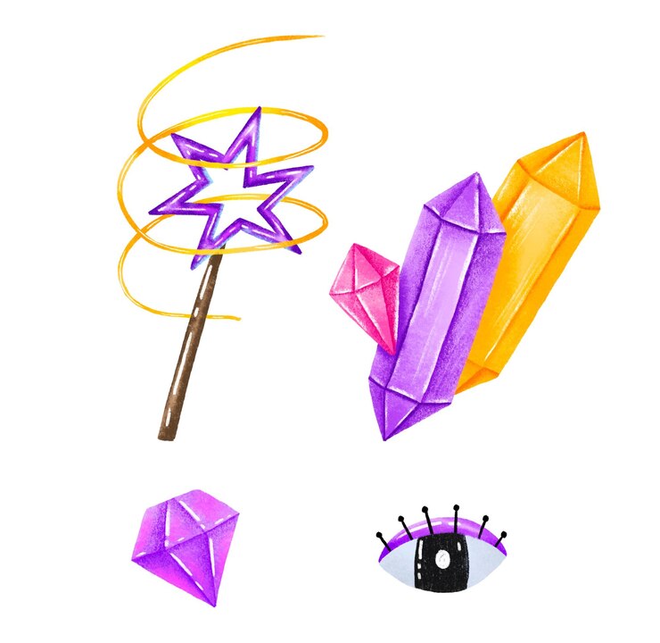Photo magic set with crystals stones eyes magic wand mistery esoteric fantasy hand drawn illustration baby wizard collection