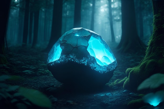 A magic stone in the forest at night