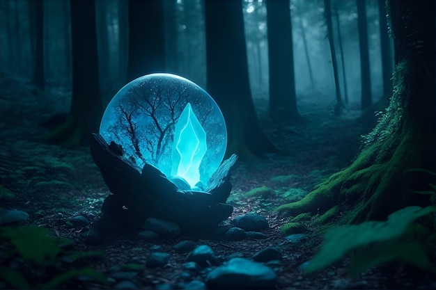 A magic stone in the forest at night