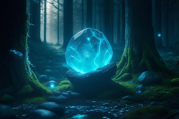 A magic stone in the forest at night