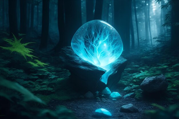 A magic stone in the forest at night