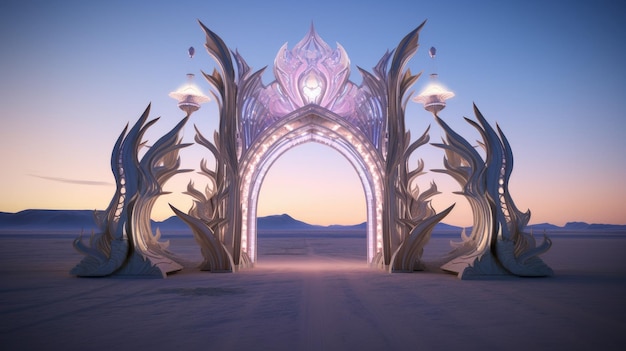 Magic Stone Gate In Desert Landscape Abstract Strange Crystal Portal In Desert