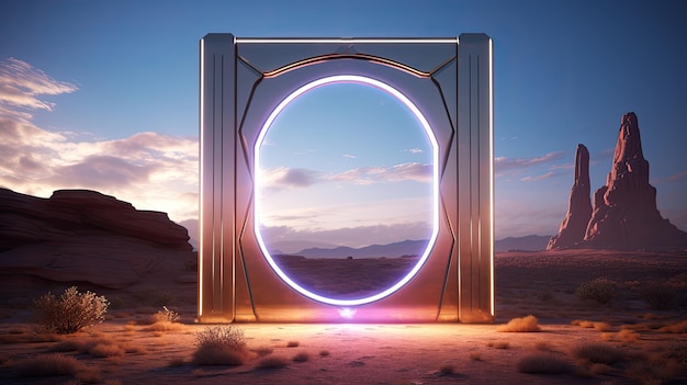 Magic Stone Gate in de woestijn met vreemd neon gloeiend licht Landschap Futuristisch woestijnportaal