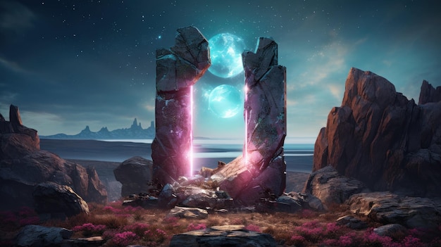 Magic Stone Gate met Neon Glowing Light te midden van Cosmic Landscape Abstract Futuristic Neon Portal