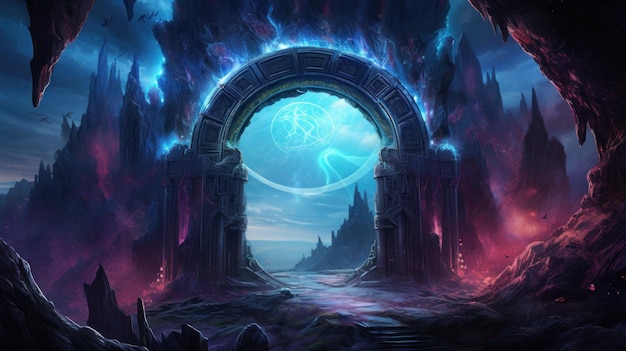 Magic Stone Gate With Neon Glowing Light Amidst Cosmic Landscape Abstract Futuristic Neon Portal