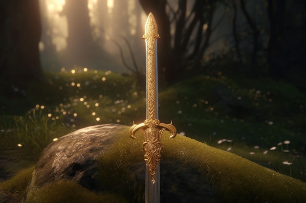 Magic sword in the stone Medieval sword of legend magic and power Generative AI