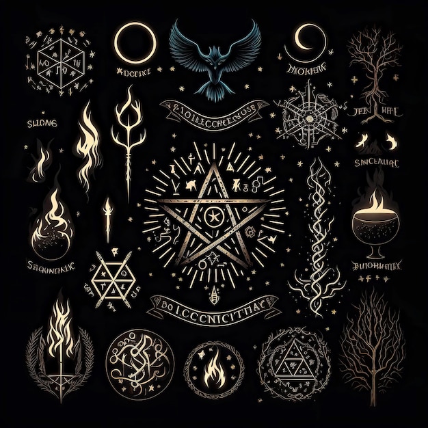 写真 魔法のシンボル ルーン文字と呪文 魔女の魔術 難解な装飾 オカルト サイン ウィザード 神秘的な神話のサイン