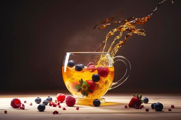 Magic tea concept levitating effect Flying ingredients for herbal tea with honey and berries Tea in transparent glass tea cup levitation AI generated image