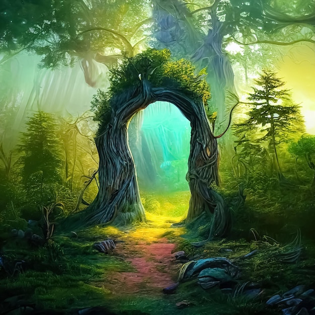 Magic teleport portal in mystic fairy tale forest gate to\
parallel fantasy surreal world