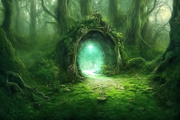 Magic teleport portal in mystic fairy tale forest gate to
parallel fantasy surreal world