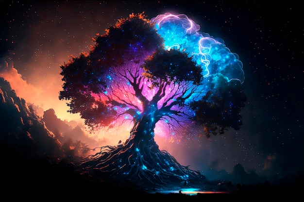 Magic tree on background dark night sky