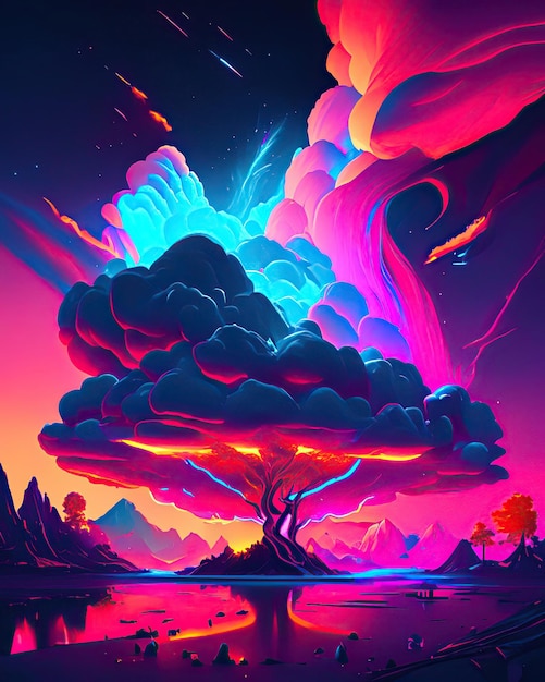 Magic tree in enchanted forest vibrant colors in magical and surreal neon style