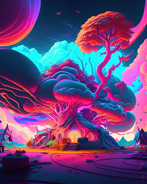 Magic tree in vibrant colors of enchanted forest in magical and surreal neon style
