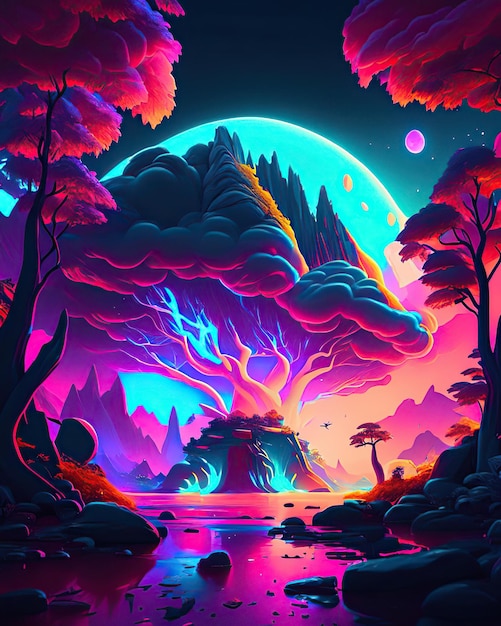 Magic tree in vibrant colors of enchanted forest in magical and surreal neon style