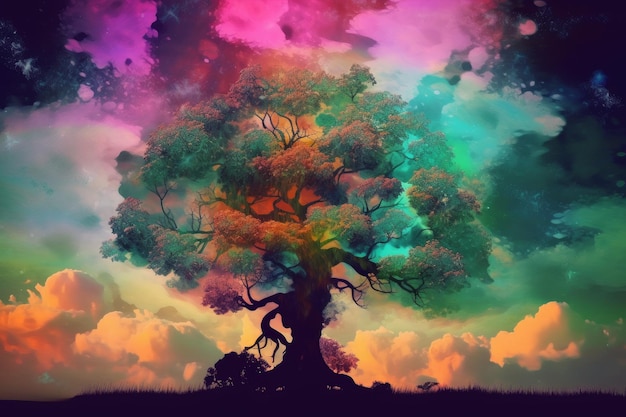 Волшебное дерево с разноцветными облаками Мистическое искусство