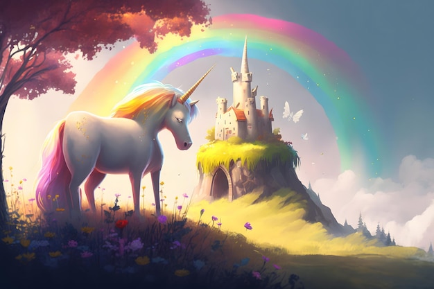 Magic unicorn in fantastic world with fluffy clouds and fairy meadows Neural network generated art