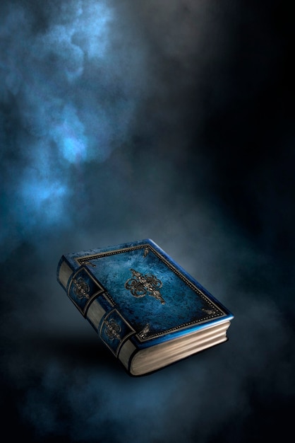 Magic vintage fantasy book on a dark background, landscape, smoke, fog, neon moonlight in the dark. 3D illustration.