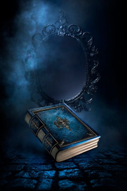 Magic vintage fantasy book on a dark background, magic mirror of predictions and fortune-telling, smoke, fog, neon moonlight in the dark. 3D illustration.