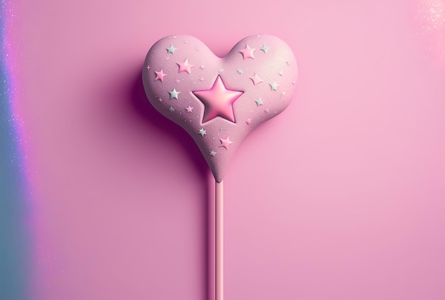 Magic wand in the form of a heart with stars and a pastel pink backdrop