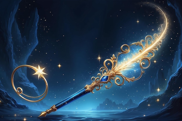 濃い青の背景に輝きと星が描かれた魔法の杖のイラスト