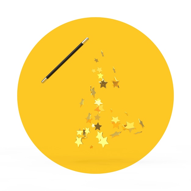 Photo magic wand with sparkles on a white and yellow background. 3d rendering