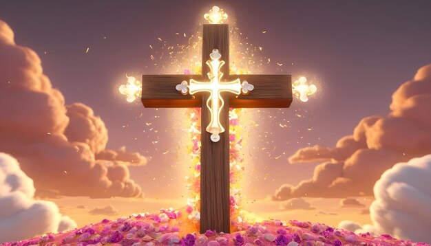 Magical 3d wooden cross in clouds